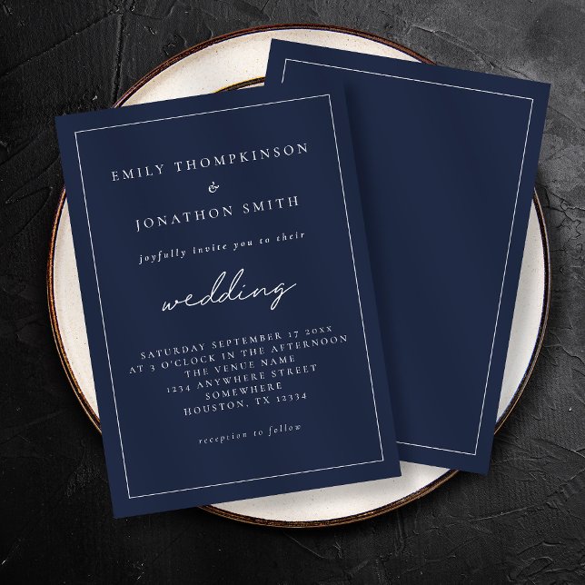 White Script Navy Blue Text Lone Border Wedding  Invitation (Creator Uploaded)