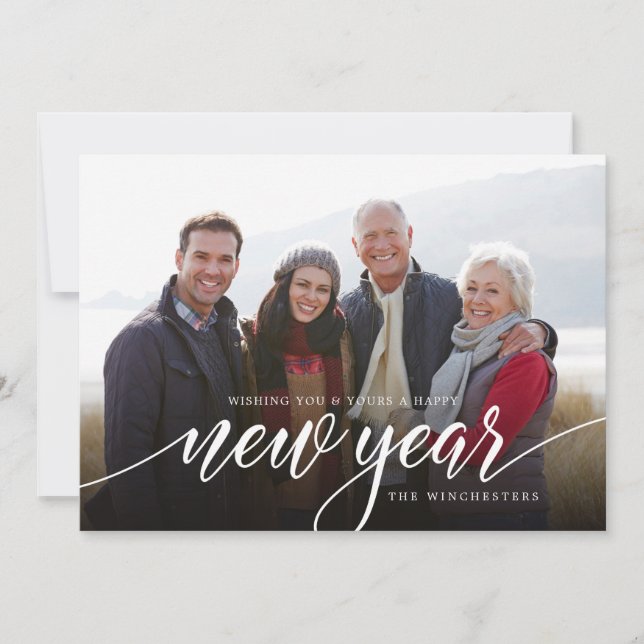 White Script New Year Holiday Photo Card (Front)
