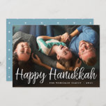 White Script Overlay Happy Hanukkah Full Photo Holiday Card<br><div class="desc">Elegant and festive Hanukkah photo card features "Happy Hanukkah" in handwritten style casual white script typography. Personalize with your family name and the year at the bottom.</div>