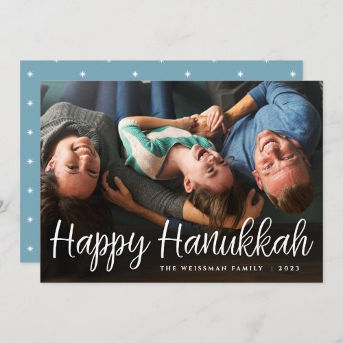 White Script Overlay Happy Hanukkah Full Photo Holiday Card