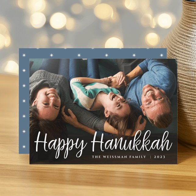 White Script Overlay Happy Hanukkah Full Photo Holiday Card (Creator Uploaded)