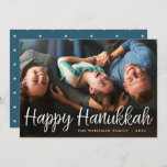 White Script Overlay Happy Hanukkah Full Photo Holiday Card<br><div class="desc">Elegant and festive Hanukkah photo card features "Happy Hanukkah" in handwritten style casual white script typography. Personalize with your family name and the year at the bottom.</div>