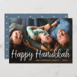 White Script Overlay Happy Hanukkah Full Photo Holiday Card<br><div class="desc">Elegant and festive Hanukkah photo card features "Happy Hanukkah" in handwritten style casual white script typography. Personalize with your family name and the year at the bottom.</div>