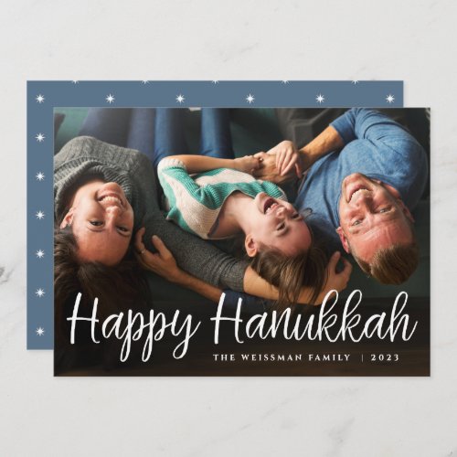 White Script Overlay Happy Hanukkah Full Photo Holiday Card