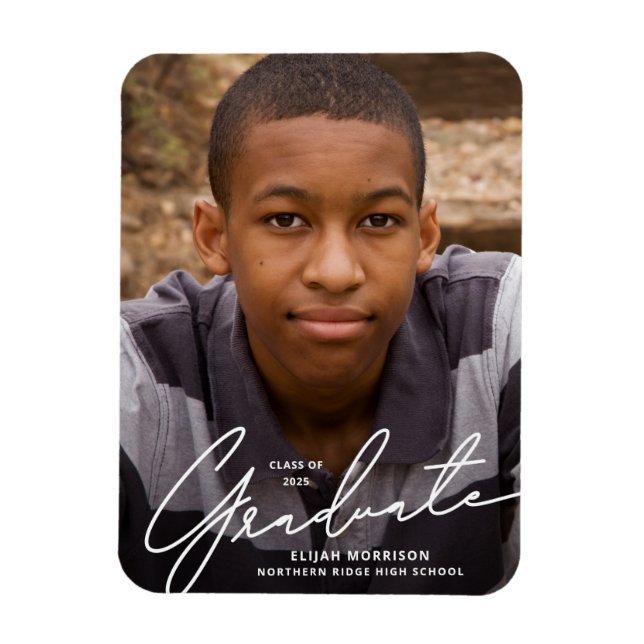 White Script Overlay Photo Graduation Announcement Magnet (Vertical)