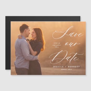 White Script Overlay Photo Save The Date Magnet by dulceevents at Zazzle