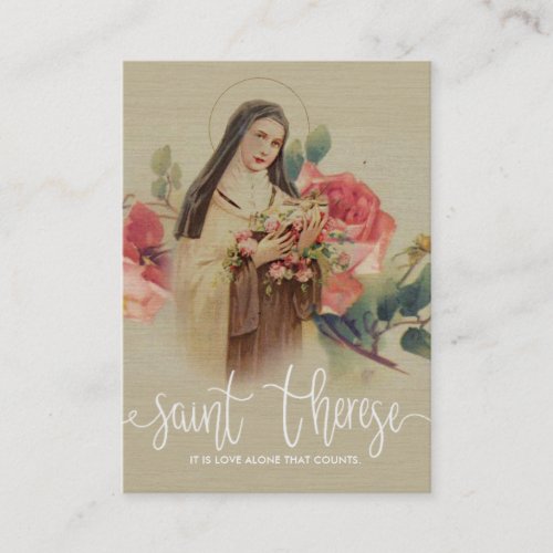 White Script Overlay  St Therese Roses Holy Card