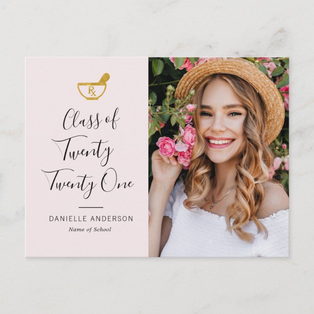 White script pharmacy grad announcement invitat postcard (Front)