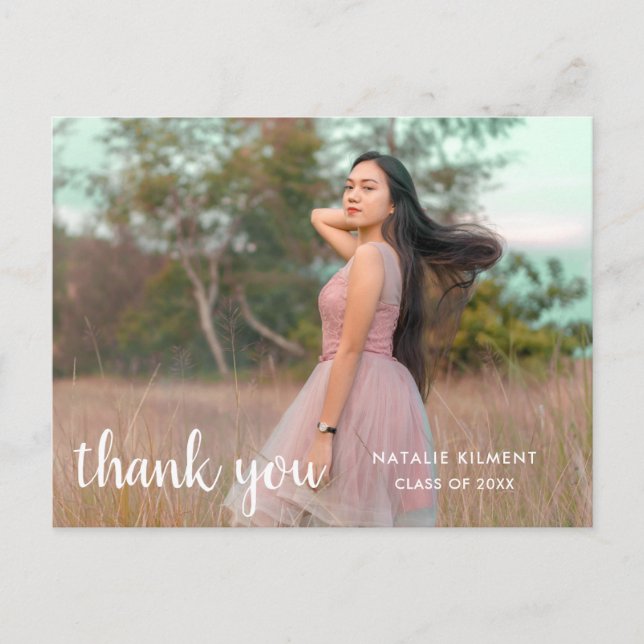 White Script Photo Graduation Thank You Postcard (Front)