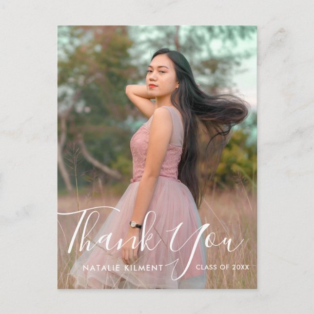 White Script Photo Graduation Thank You Postcard (Front)