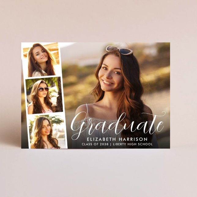 White Script Photo Overlay Graduation Announcement (Cherish the milestone: share your graduate's achievement with a custom photo graduation announcement)
