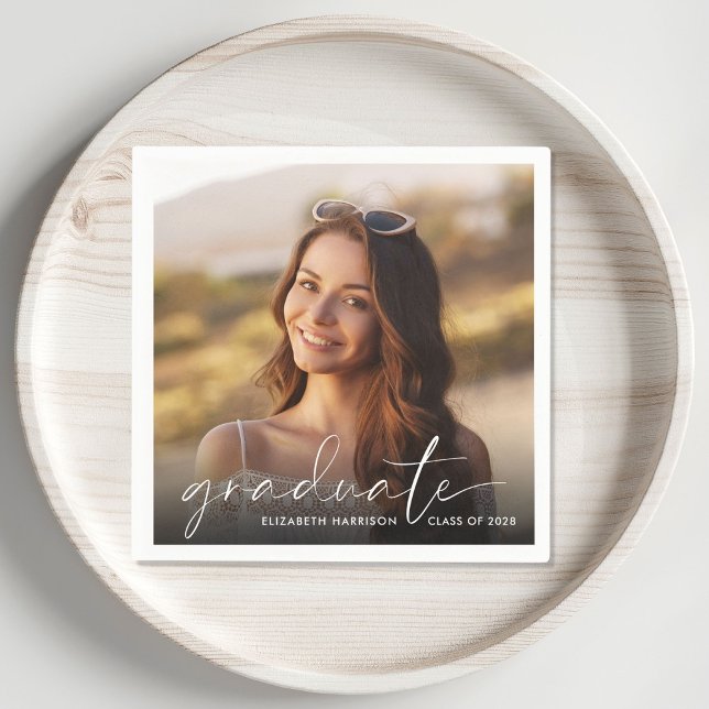 White Script Photo Overlay Graduation Party Napkins (Creator Uploaded)