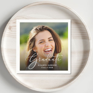 White Script Photo Overlay Graduation Party Napkins