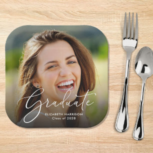 White Script Photo Overlay Graduation Party Paper Plates
