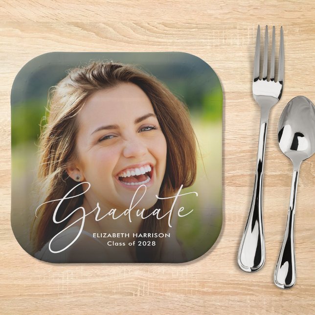 White Script Photo Overlay Graduation Party Paper Plates (Creator Uploaded)