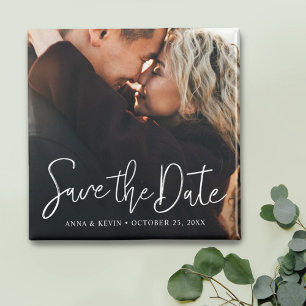 White Script Photo Save the Date Magnet