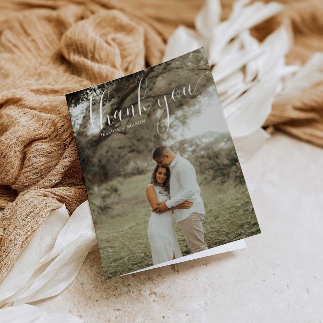 White Script Photo Wedding Thank You Folded Card (Creator Uploaded)