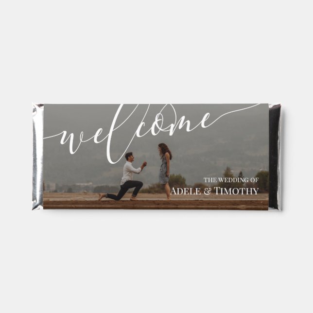 White Script Photo Welcome Wedding Hershey Bar Favors (Front)