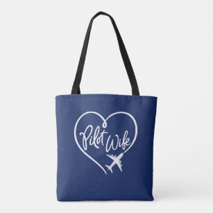 White Script Pilot Wife Looped Heart Plane Navy Tote Bag