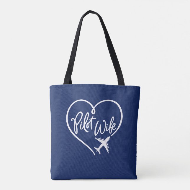 White Script Pilot Wife Looped Heart Plane Navy Tote Bag (Back)