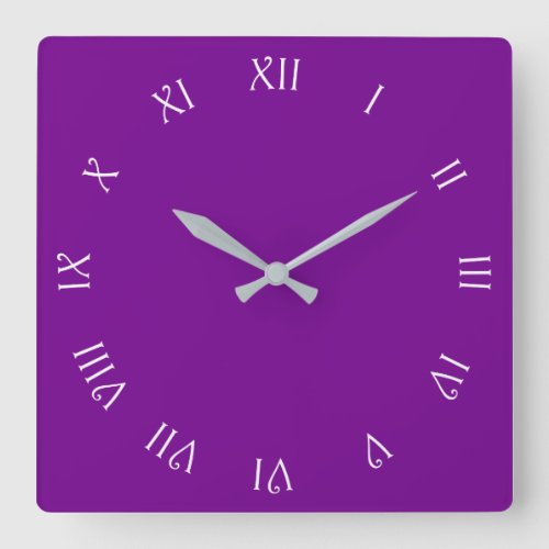 White Script Roman Numbers On Purple wccn Square Wall Clock