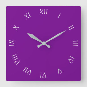 White Script Roman Numbers On Purple wccnt Square Wall Clock