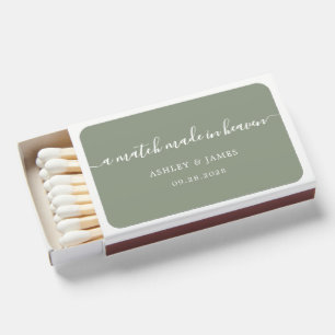 White Script Sage Green Wedding Matchbox Favor Matchboxes