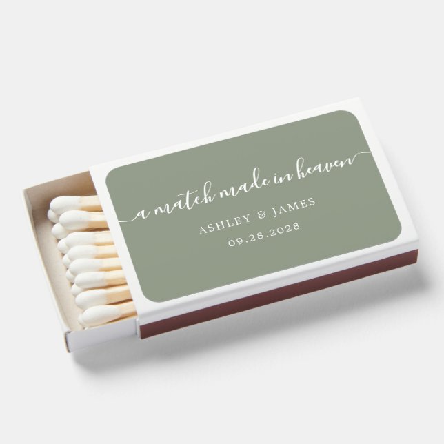 White Script Sage Green Wedding Matchbox Favor Matchboxes (Front Open)