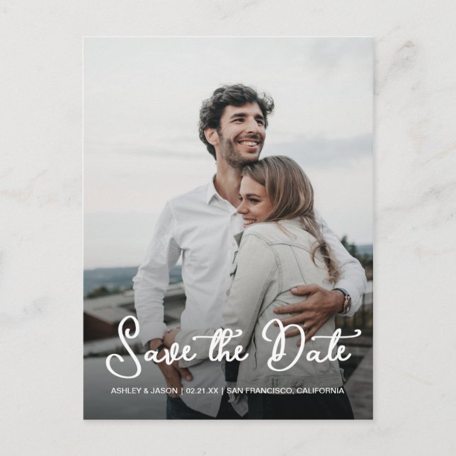 White Script Save the Date Photo Announcement Postcard (Front)