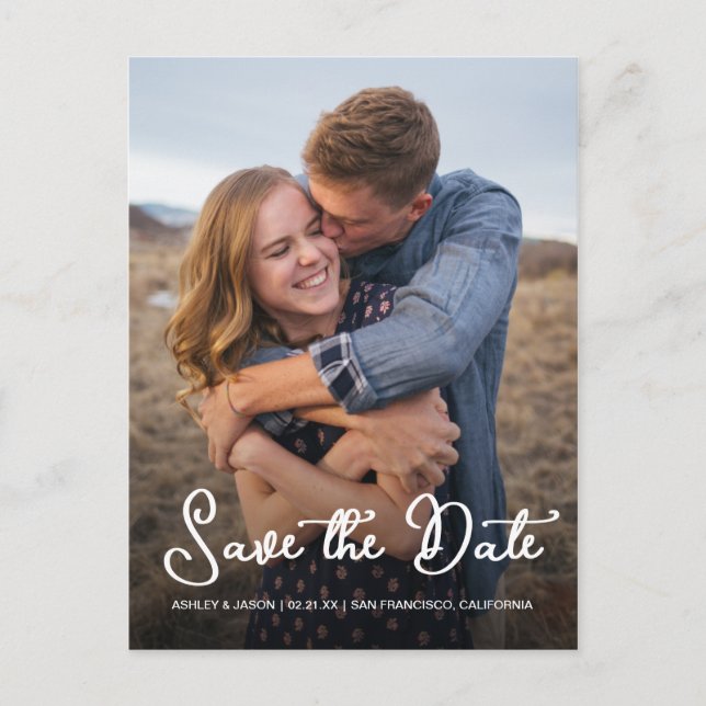 White Script Save the Date Photo Announcement Postcard (Front)