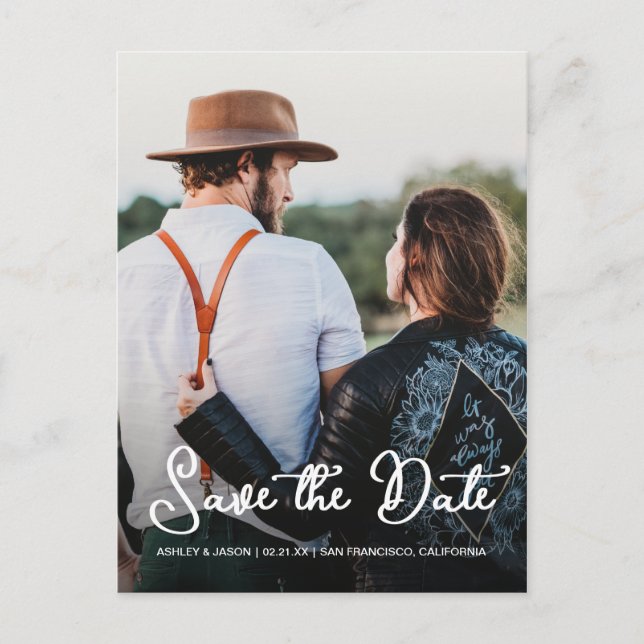 White Script Save the Date Photo Announcement Postcard (Front)