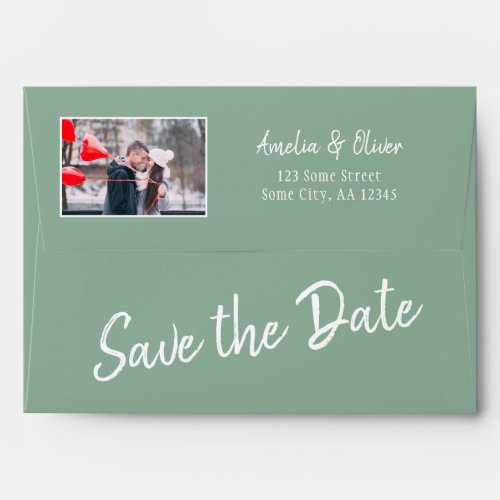White Script Save the Date Return Address Photo Envelope - Modern White Script Save the Date Return Address Wedding Photo envelope. Personalize the envelope with your photo, bride and groom`s names and the address. Change or erase the Save the date text. Great for your wedding, engagement and save the date mailing. Change the envelope color in to any color you need.