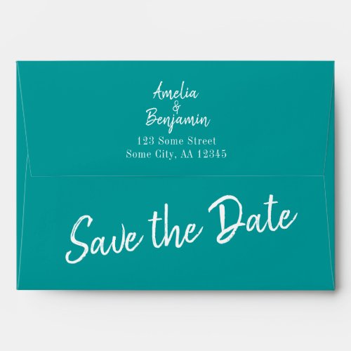 White Script Save the Date Return Address Wedding Envelope - White Script Save the Date and Return Address Wedding envelope. Personalize the envelope with the bride`s and groom`s names and the address. You can change or erase the Save the date text. The text is in white color. Great for your wedding, engagement and save the date mailing.