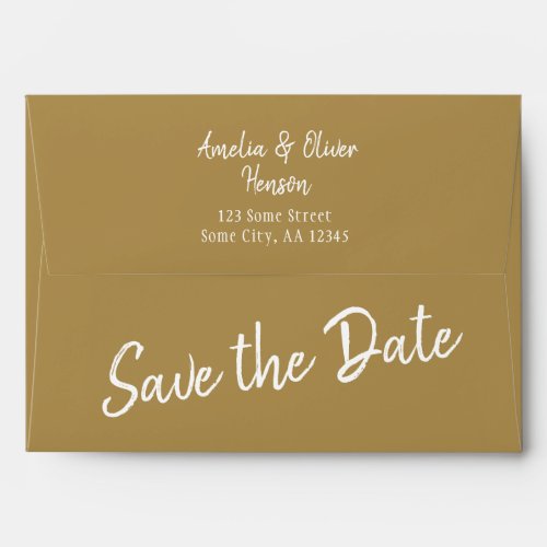 White Script Save the Date Return Address Wedding Envelope - White Script Save the Date Return Address Wedding envelope. White script for the darker envelope - you can change the color of the envelope to any color you want. Personalize the envelope with the bride and groom`s names and the address. Change or erase the Save the date text. Great for your wedding, engagement and save the date mailing.
