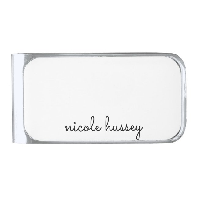 White Script | Stylish Monogram Modern Silver Finish Money Clip (Front)