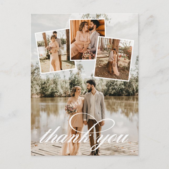 White Script Thank You Wedding Photo Collage Announcement Postcard (Front)