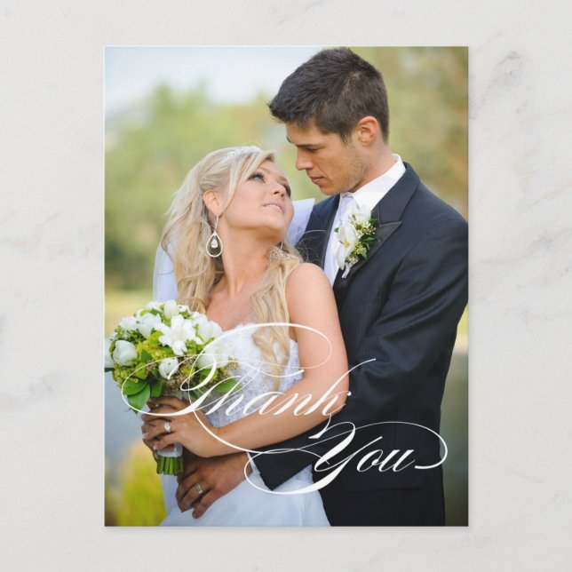 WHITE SCRIPT WEDDING THANK YOU PHOTO POSTCARD (Front)