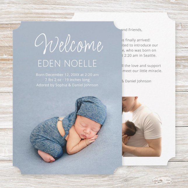 White Script Welcome Cute Photo Birth Announcement (Modern script Welcome cute birth announcement flat card with shaped corners and elegant white text.)