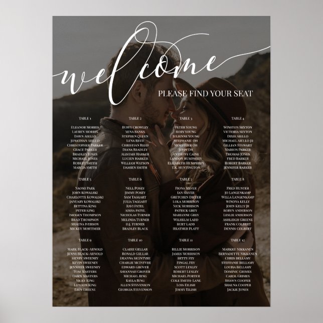 White Script Welcome Photo Wedding 12 Tables Poster (Front)