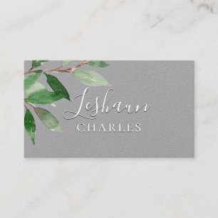 White Script Writing Light Greenery Gray Business Card