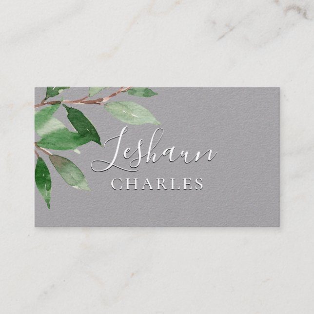 White Script Writing Light Greenery Gray Business Card (Front)