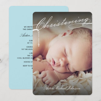 White Scripted Christening Cross Photo Religious Invitation
