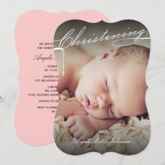 White Scripted Christening Cross Photo Religious Invitation