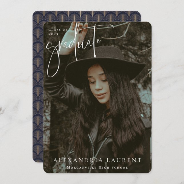 White Scripted Portrait Graduation Photo Announcement (Front/Back)