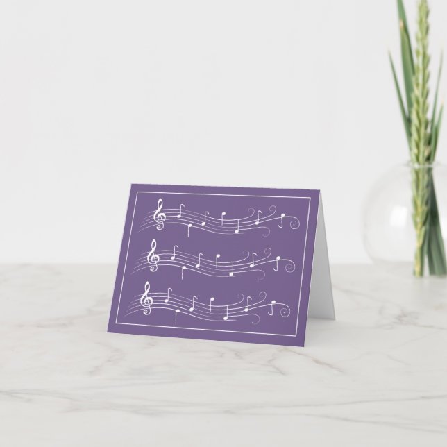 White Scrolled Music Staffs on Purple Note Card (Front)