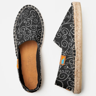 White Scrolling Curves on Black Abstract Pattern Espadrilles