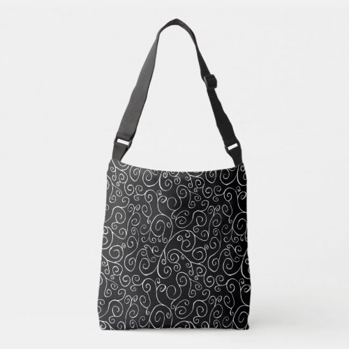 White Scrolling Curves on Black All_Over_Print Crossbody Bag