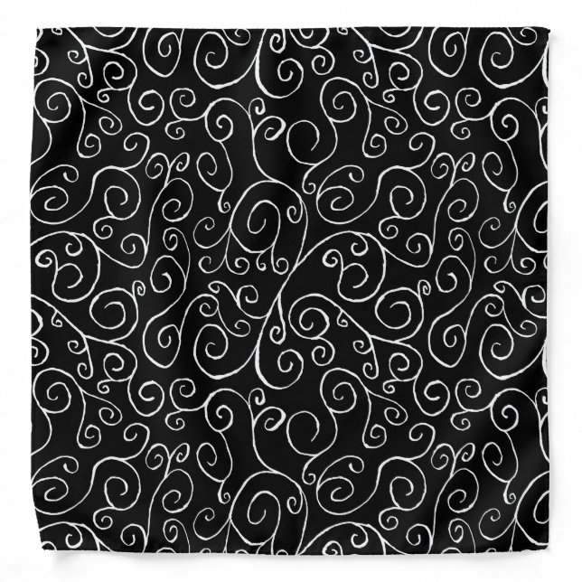 White Scrolling Curves on Black Bandana (Front)