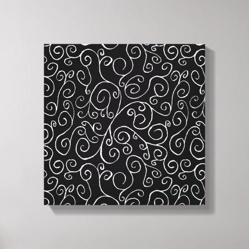 White Scrolling Curves on Black Canvas Print