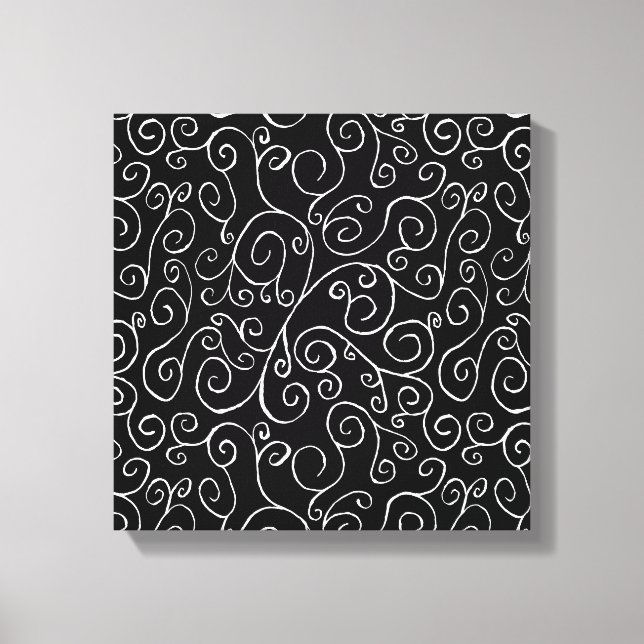 White Scrolling Curves on Black Canvas Print (Front)